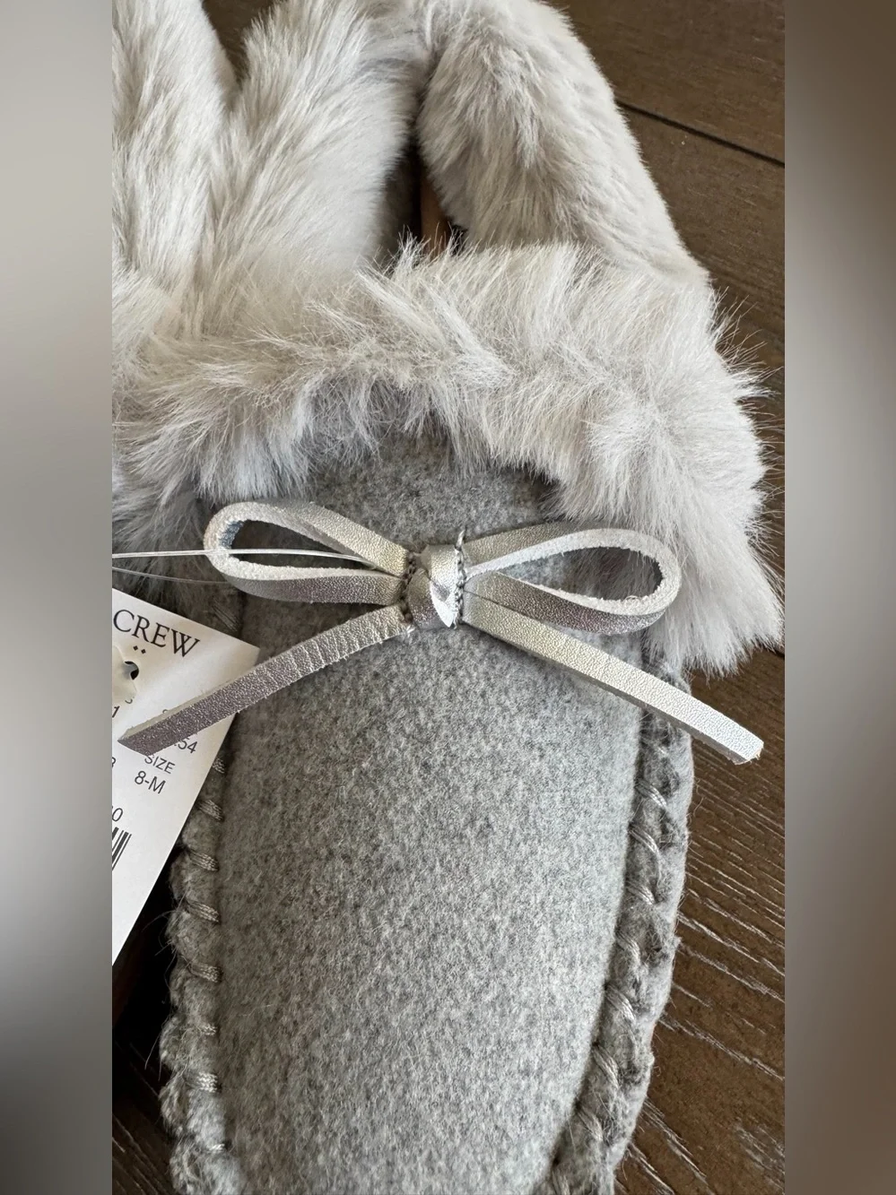 J. Crew Gray Faux-Fur Pom Moccasin Slippers with Tan Sole